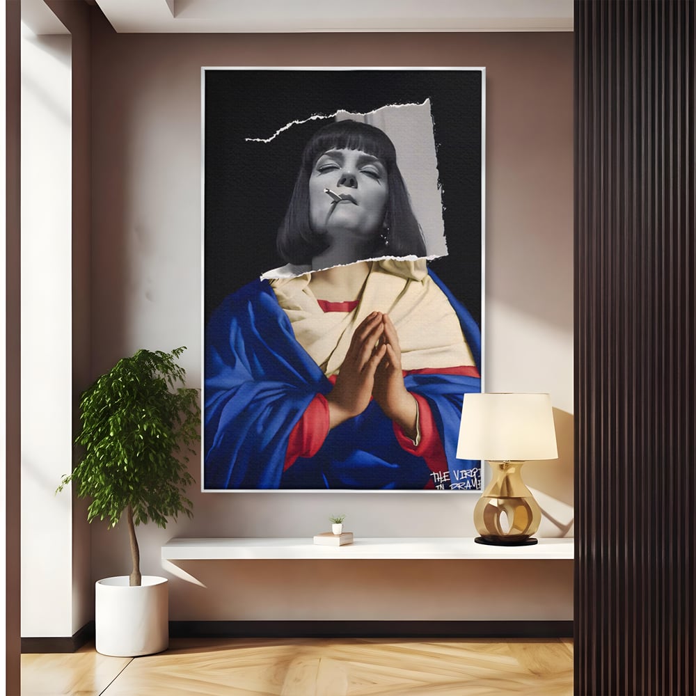 Tablou canvas cu tablou canvas cu colaj suprarealist, in rama de aluminiu argintiu